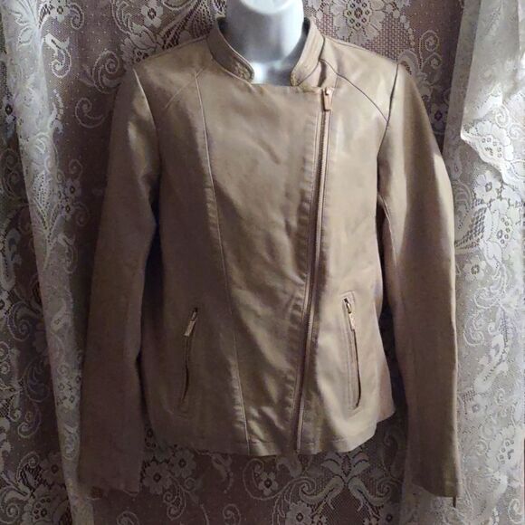 Calvin Klein Women's Size S Jacket Camel Tan Faux Leather Zip Military Collar - Picture 1 of 11